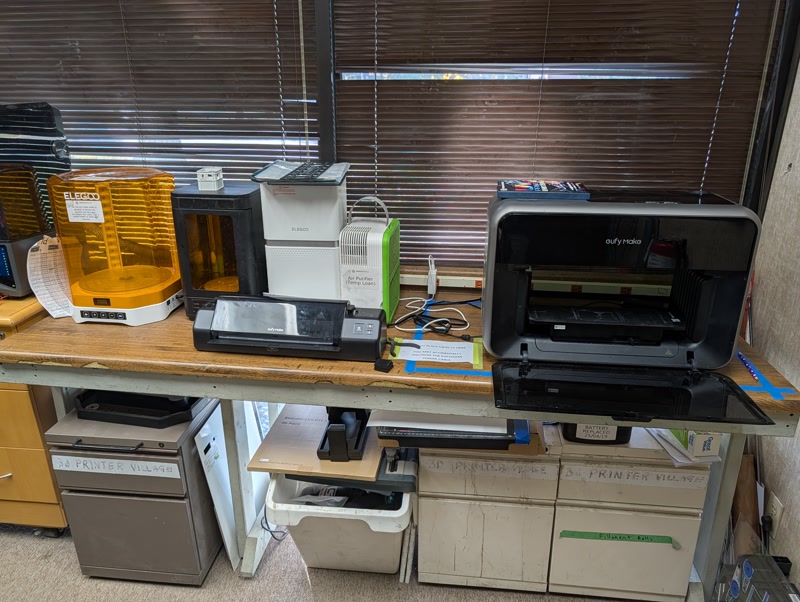 3D printer village with filament and resin printers